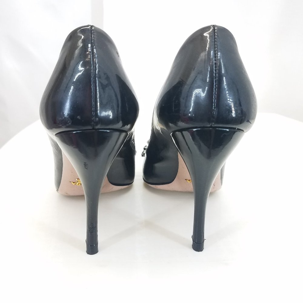 Prada Black Patent Leather Jeweled Peep-Toe Heels - Picture 4 of 9